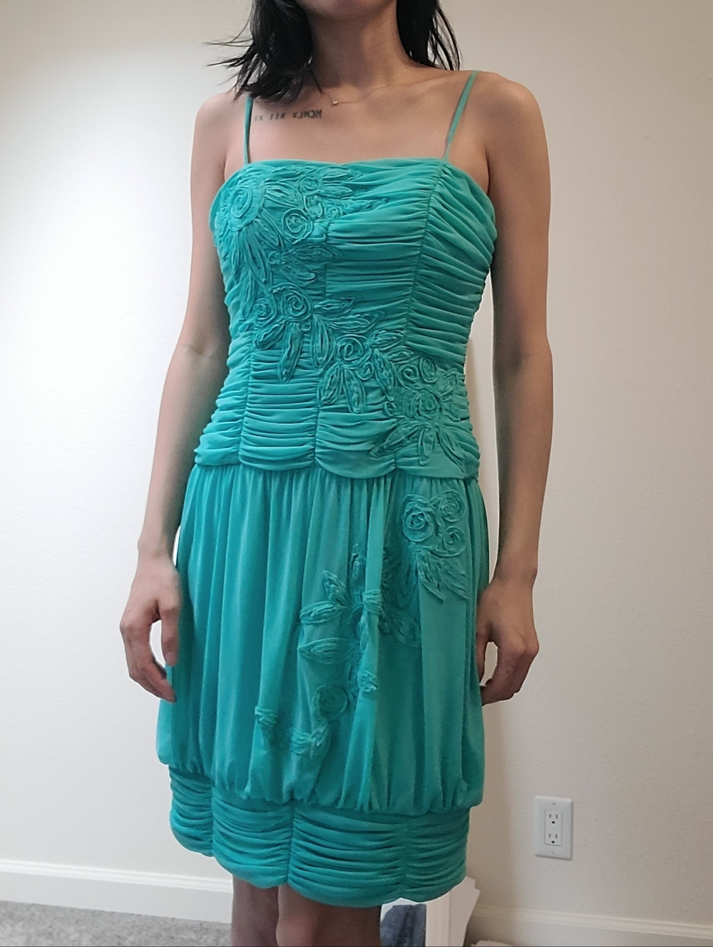 Sue Wong Teal Green Dress Bubble Hem Sz 8 Floral 3D Applique Vintage Ruffle Y2K